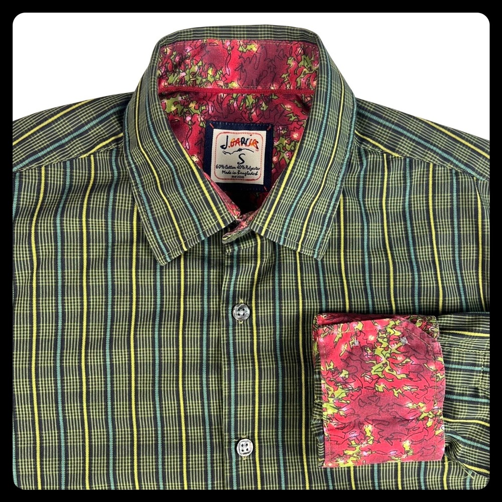 J. Garcia Button Down Shirt Men Small Green Striped Cotton Blend Floral Trim